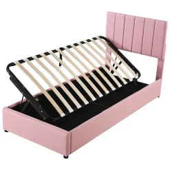 Lit coffre 90 sur 200 cm avec sommier hydraulique tête de lit en lin doux rose pour adultes ou adolescents