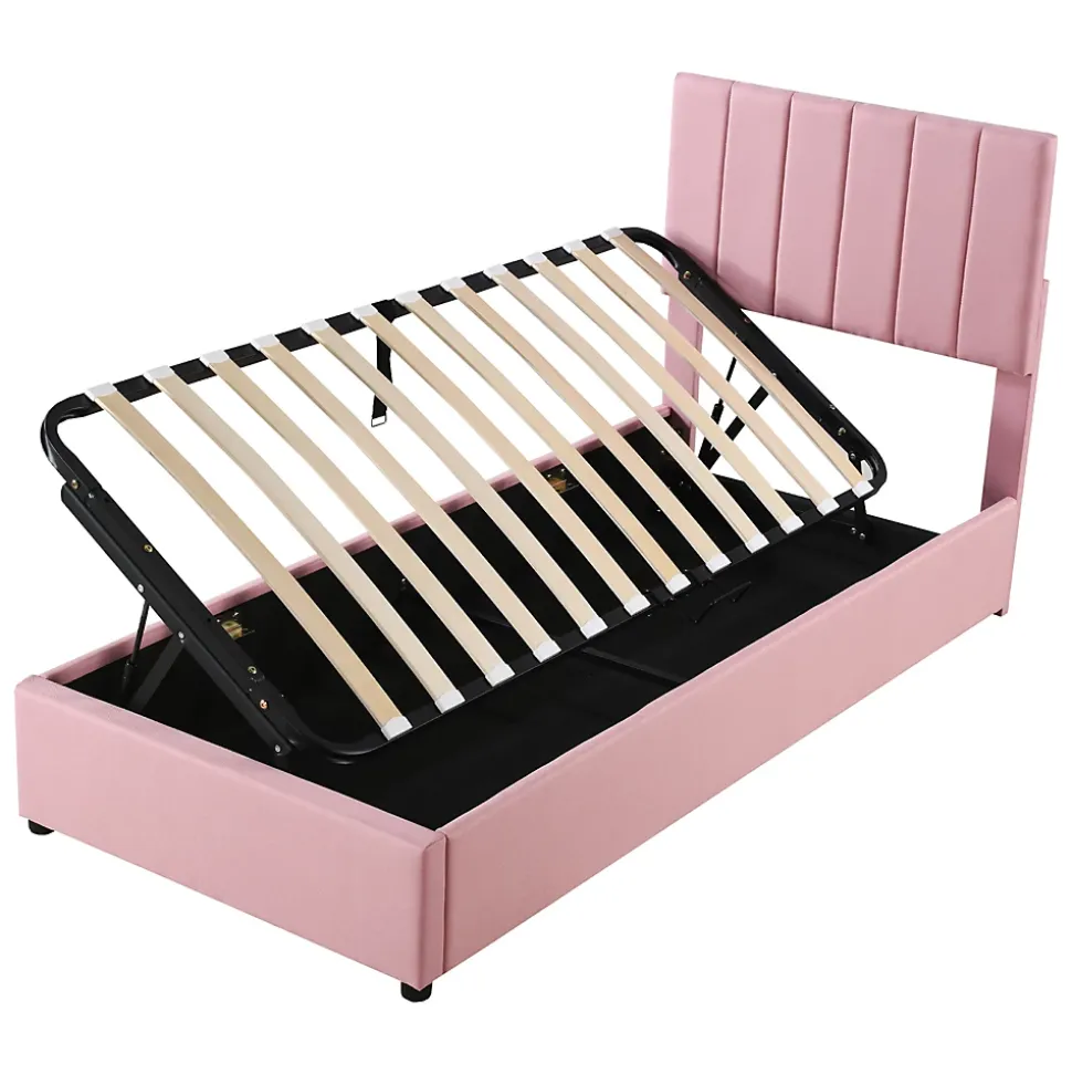 Lit coffre 90 sur 200 cm avec sommier hydraulique tête de lit en lin doux rose pour adultes ou adolescents