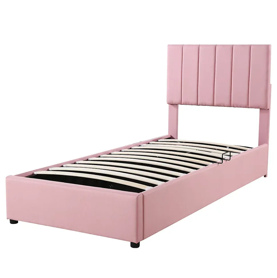 Lit coffre 90 sur 200 cm avec sommier hydraulique tête de lit en lin doux rose pour adultes ou adolescents