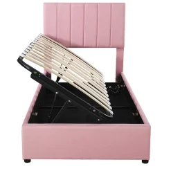 Lit coffre 90 sur 200 cm avec sommier hydraulique tête de lit en lin doux rose pour adultes ou adolescents