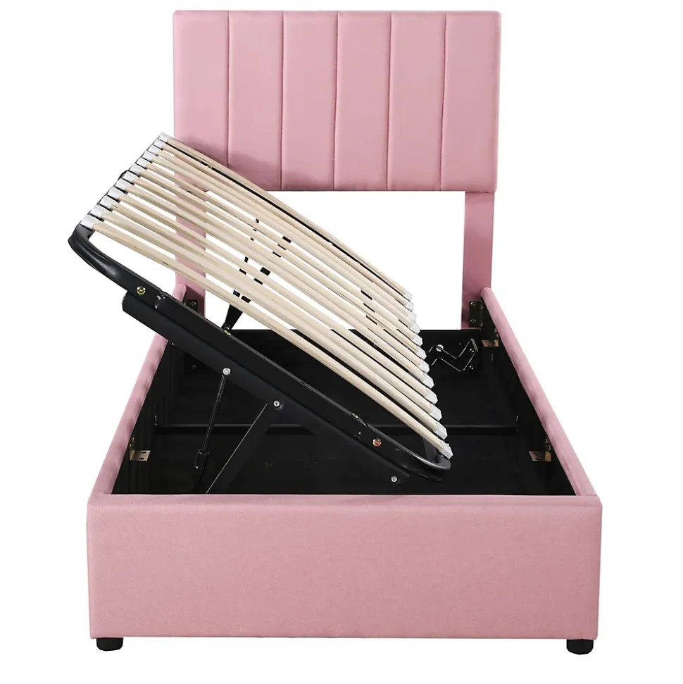 Lit coffre 90 sur 200 cm avec sommier hydraulique tête de lit en lin doux rose pour adultes ou adolescents
