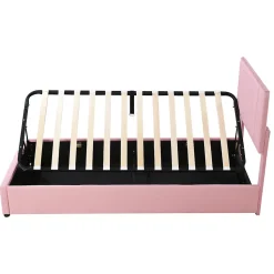 Lit coffre 90 sur 200 cm avec sommier hydraulique tête de lit en lin doux rose pour adultes ou adolescents