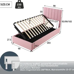 Lit coffre 90 sur 200 cm avec sommier hydraulique tête de lit en lin doux rose pour adultes ou adolescents
