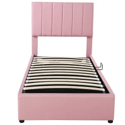 Lit coffre 90 sur 200 cm avec sommier hydraulique tête de lit en lin doux rose pour adultes ou adolescents