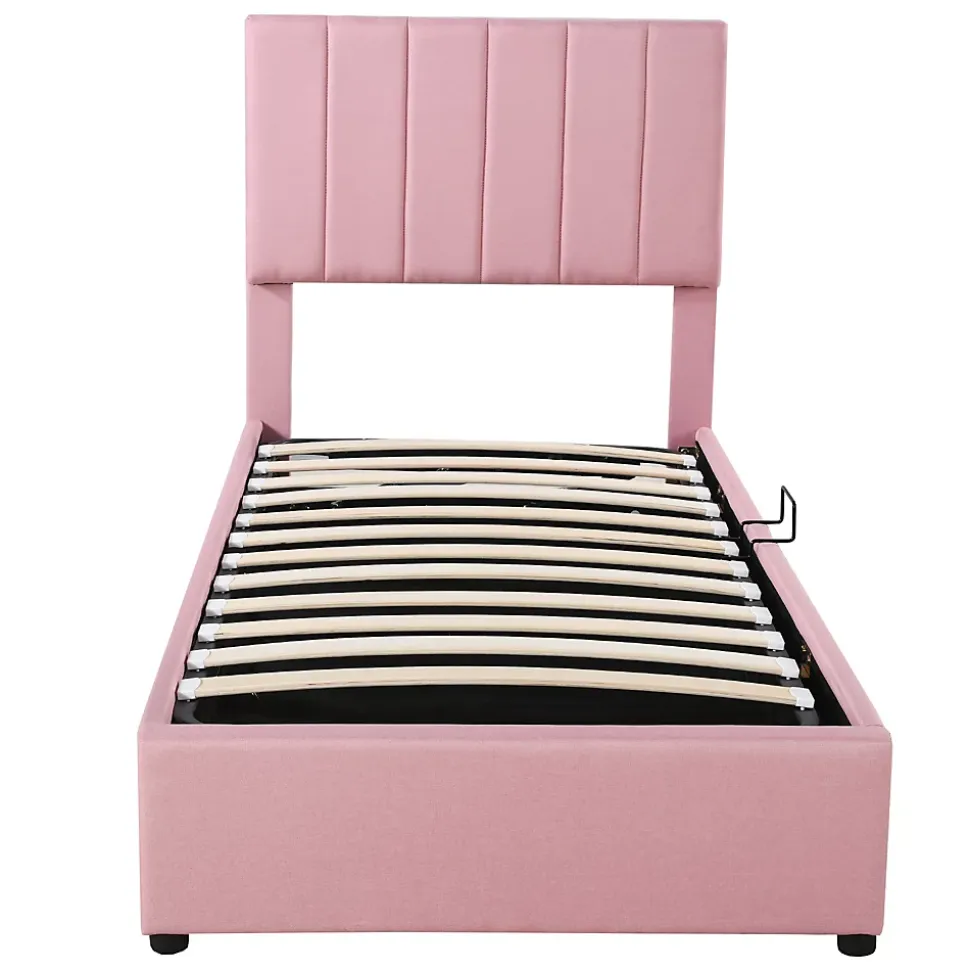 Lit coffre 90 sur 200 cm avec sommier hydraulique tête de lit en lin doux rose pour adultes ou adolescents