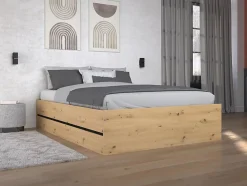 Lit coffre 140 x 190 cm - Coloris : Naturel et noir + Matelas - LUDARO