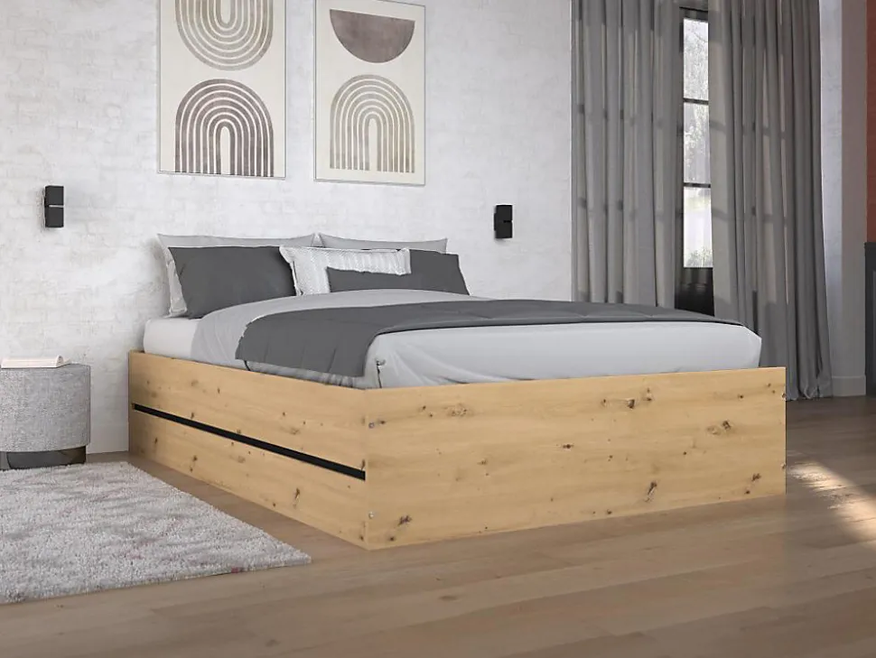 Lit coffre 140 x 190 cm - Coloris : Naturel et noir + Matelas - LUDARO