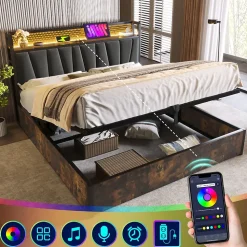 Lit coffre 140 x 200 cm - Lit adulte avec Tête de Lit LED + USB - Lin + Métal - Sans Matelas - Gris