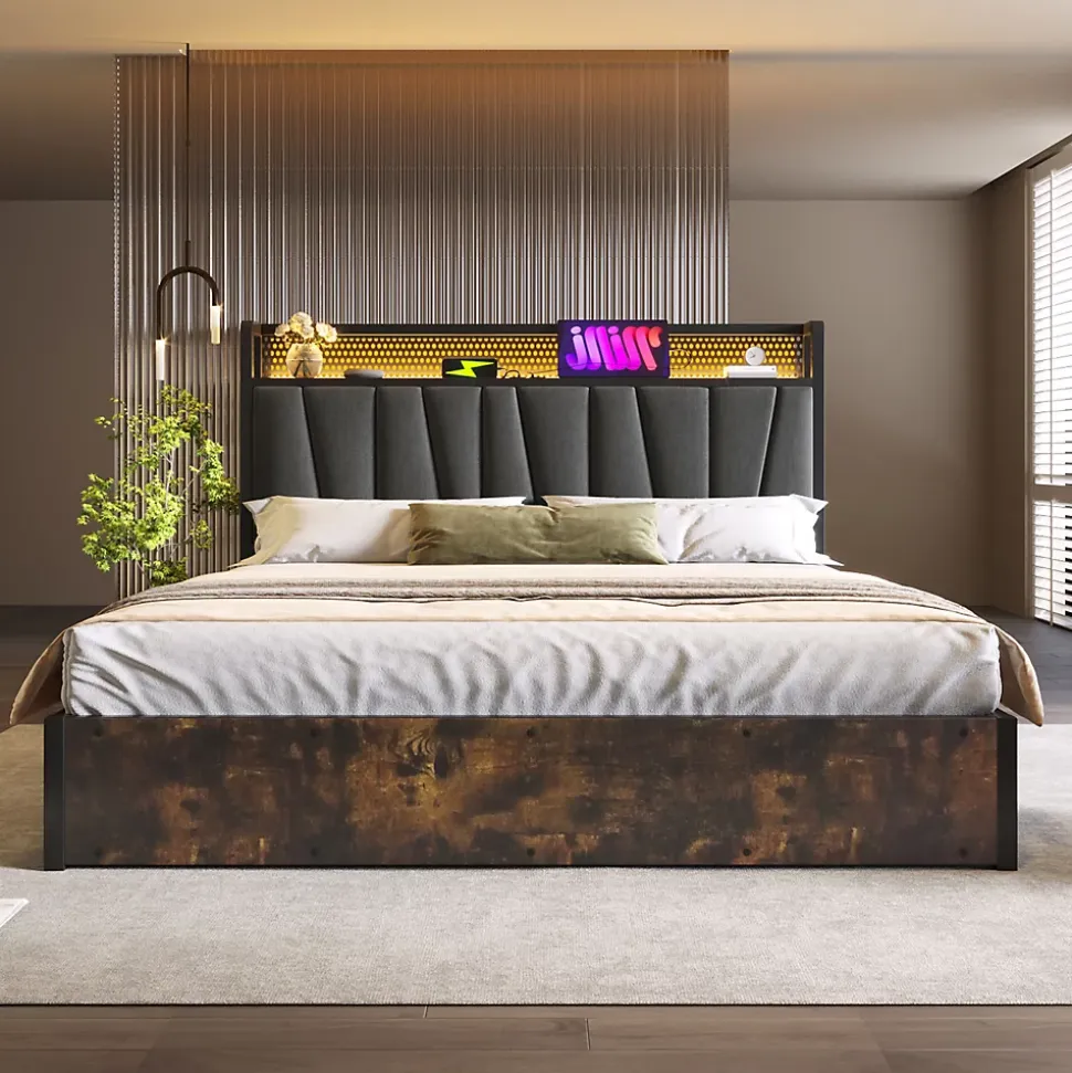 Lit coffre 140 x 200 cm - Lit adulte avec Tête de Lit LED + USB - Lin + Métal - Sans Matelas - Gris