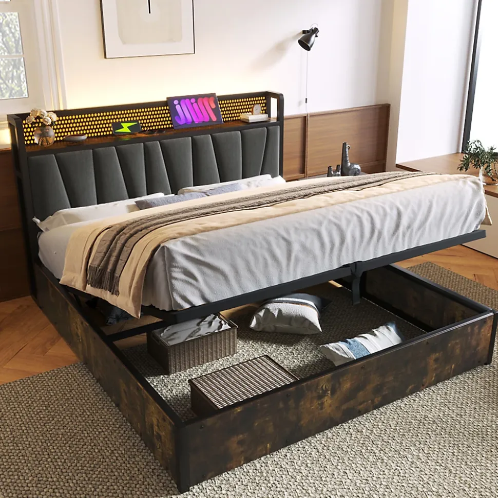 Lit coffre 140 x 200 cm - Lit adulte avec Tête de Lit LED + USB - Lin + Métal - Sans Matelas - Gris