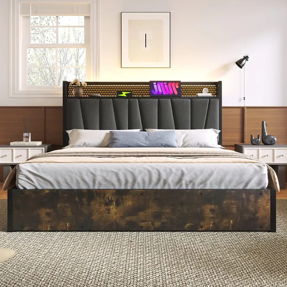 Lit coffre 140 x 200 cm - Lit adulte avec Tête de Lit LED + USB - Lin + Métal - Sans Matelas - Gris