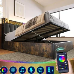 Lit coffre 140 x 200 cm - Lit adulte avec Tête de Lit LED + USB - Lin + Métal - Sans Matelas - Gris