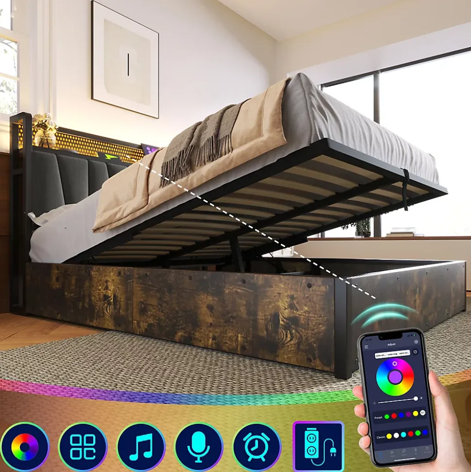 Lit coffre 140 x 200 cm - Lit adulte avec Tête de Lit LED + USB - Lin + Métal - Sans Matelas - Gris