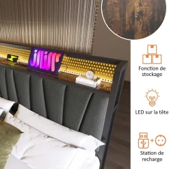 Lit coffre 140 x 200 cm - Lit adulte avec Tête de Lit LED + USB - Lin + Métal - Sans Matelas - Gris