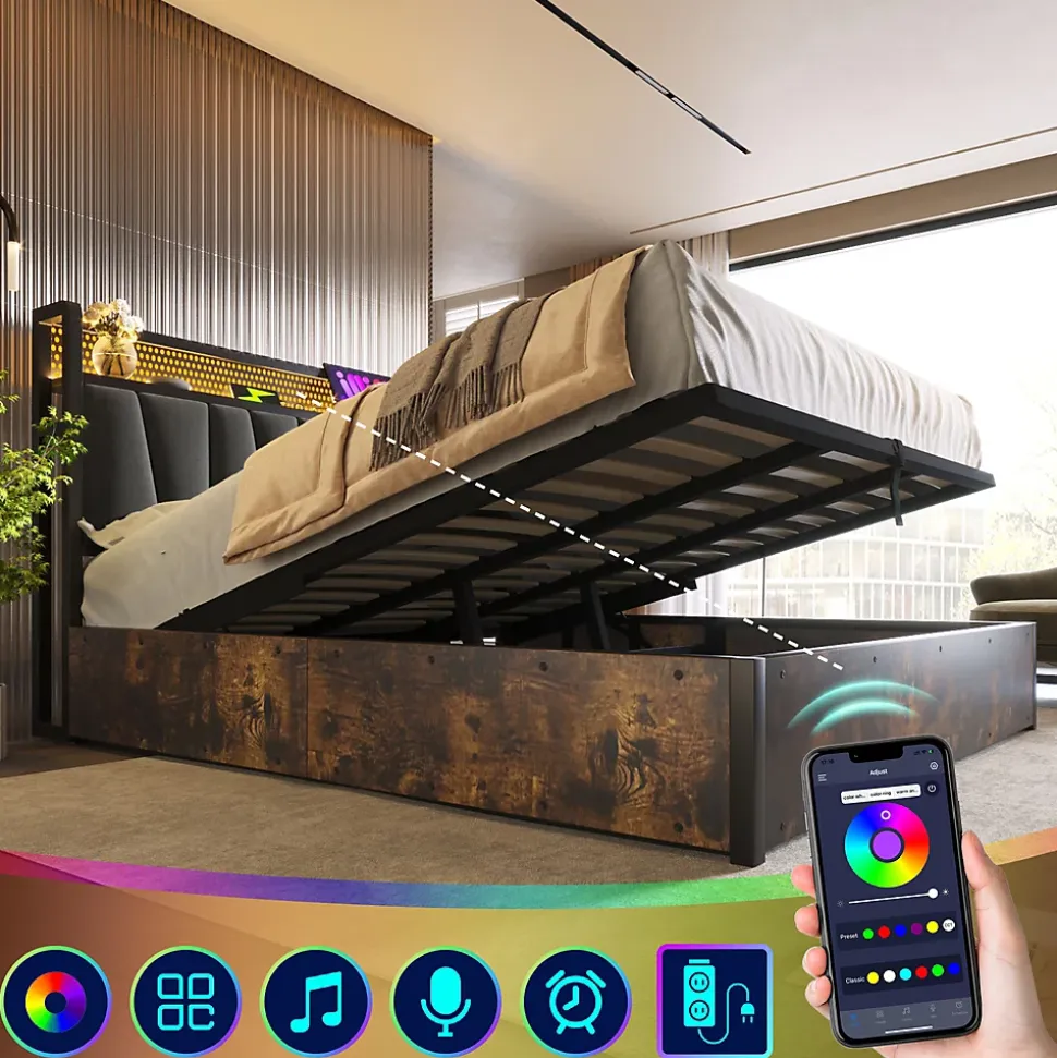 Lit coffre 180 x 200 cm - Lit adulte avec Tête de Lit LED + USB - Lin + Métal - Sans Matelas - Gris