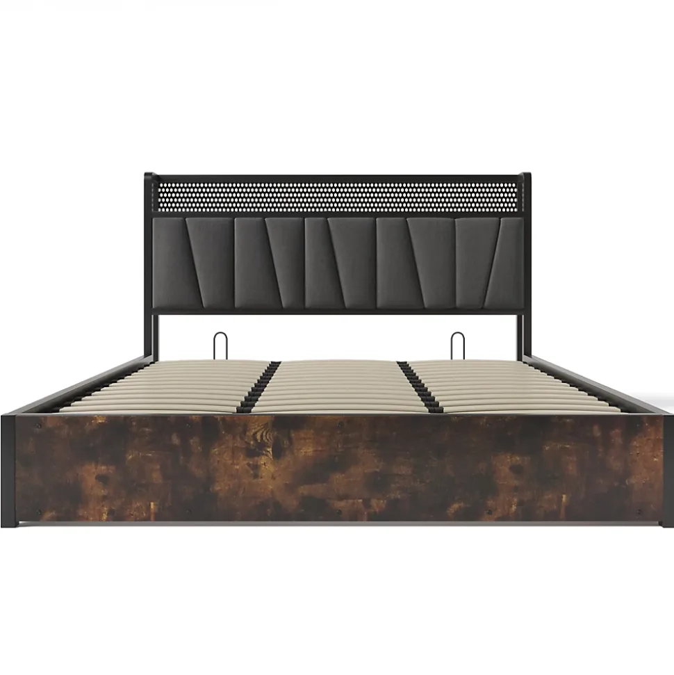 Lit coffre 180 x 200 cm - Lit adulte avec Tête de Lit LED + USB - Lin + Métal - Sans Matelas - Gris