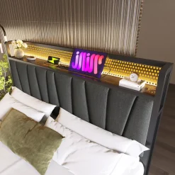 Lit coffre 180 x 200 cm - Lit adulte avec Tête de Lit LED + USB - Lin + Métal - Sans Matelas - Gris