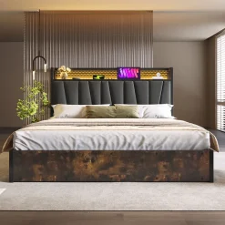 Lit coffre 180 x 200 cm - Lit adulte avec Tête de Lit LED + USB - Lin + Métal - Sans Matelas - Gris