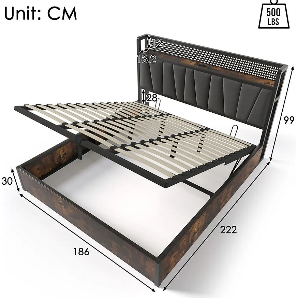 Lit coffre 180 x 200 cm - Lit adulte avec Tête de Lit LED + USB - Lin + Métal - Sans Matelas - Gris
