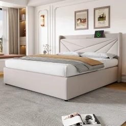 Lit coffre 180 x 200 cm - Lit double capitonné avec USB Type C - Coton et métal - Sans Matelas - Beige