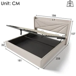 Lit coffre 180 x 200 cm - Lit double capitonné avec USB Type C - Coton et métal - Sans Matelas - Beige