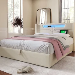 Lit coffre 160 x 200 cm - Lit double avec USB Type-C + LED - Lin - avec Matelas - Beige