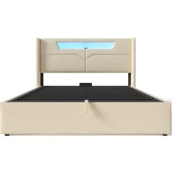 Lit coffre 160 x 200 cm - Lit double avec USB Type-C + LED - Lin - avec Matelas - Beige