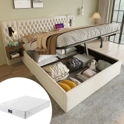 Lit coffre 160 x 200 cm - Lit double avec 2 tables de chevet et lampe de lecture - Velours - avec Matelas - Beige