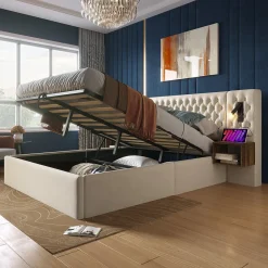 Lit coffre 160 x 200 cm - Lit double avec 2 tables de chevet et lampe de lecture - Velours - avec Matelas - Beige