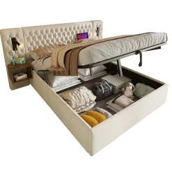 Lit coffre 160 x 200 cm - Lit double avec 2 tables de chevet et lampe de lecture - Velours - avec Matelas - Beige