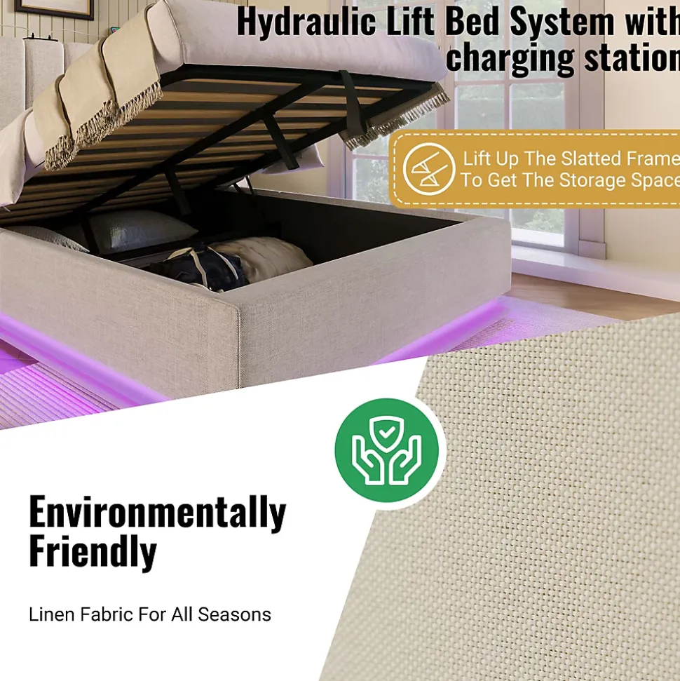 Lit Coffre 180 x 200 Cm - Lit Double Capitonné avec LED et Charge USB-C - Métal, Lin, Bois Massif - Sans Matelas - Beige