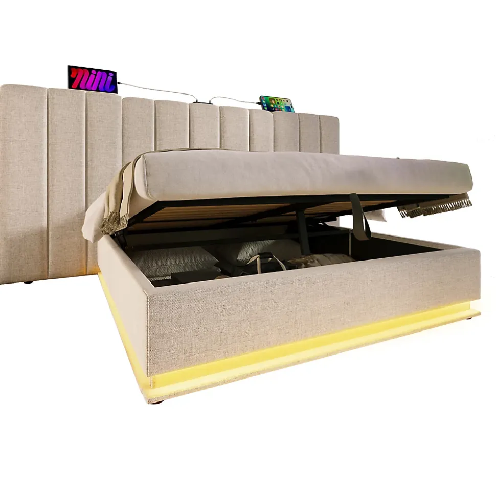 Lit Coffre 180 x 200 Cm - Lit Double Capitonné avec LED et Charge USB-C - Métal, Lin, Bois Massif - Sans Matelas - Beige