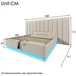 Lit Coffre 180 x 200 Cm - Lit Double Capitonné avec LED et Charge USB-C - Métal, Lin, Bois Massif - Sans Matelas - Beige