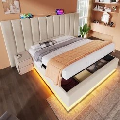 Lit Coffre 180 x 200 Cm - Lit Double Capitonné avec LED et Charge USB-C - Métal, Lin, Bois Massif - Sans Matelas - Beige
