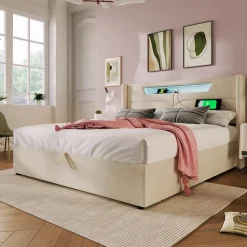 Lit coffre 140 x 200 cm - Lit double avec USB Type-C + Éclairage LED - Lin - Sans Matelas - Beige