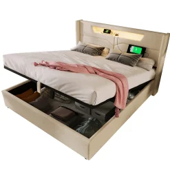 Lit coffre 140 x 200 cm - Lit double avec USB Type-C + Éclairage LED - Lin - Sans Matelas - Beige