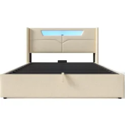 Lit coffre 140 x 200 cm - Lit double avec USB Type-C + Éclairage LED - Lin - Sans Matelas - Beige