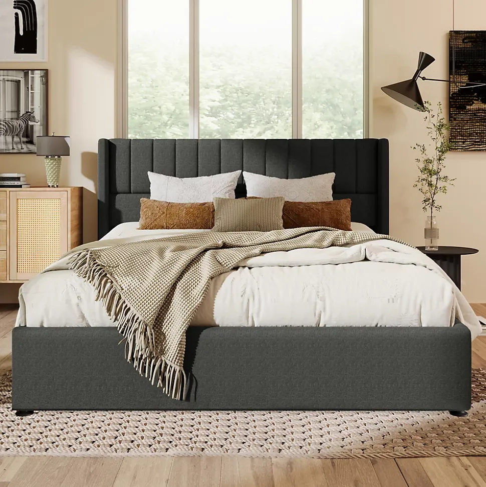 Lit coffre 180 x 200 cm - Lit Double avec Sommier à Lattes - Lin Bois Métal - Sans Matelas - Gris