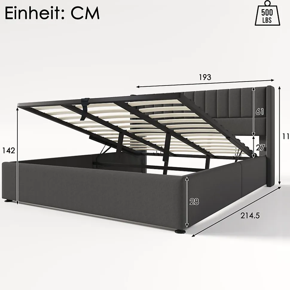 Lit coffre 180 x 200 cm - Lit Double avec Sommier à Lattes - Lin Bois Métal - Sans Matelas - Gris