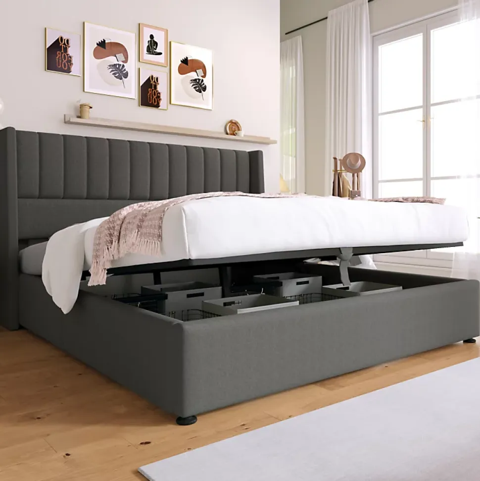 Lit coffre 180 x 200 cm - Lit Double avec Sommier à Lattes - Lin Bois Métal - Sans Matelas - Gris