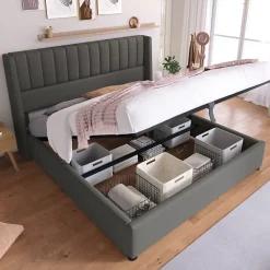 Lit coffre 180 x 200 cm - Lit Double avec Sommier à Lattes - Lin Bois Métal - Sans Matelas - Gris