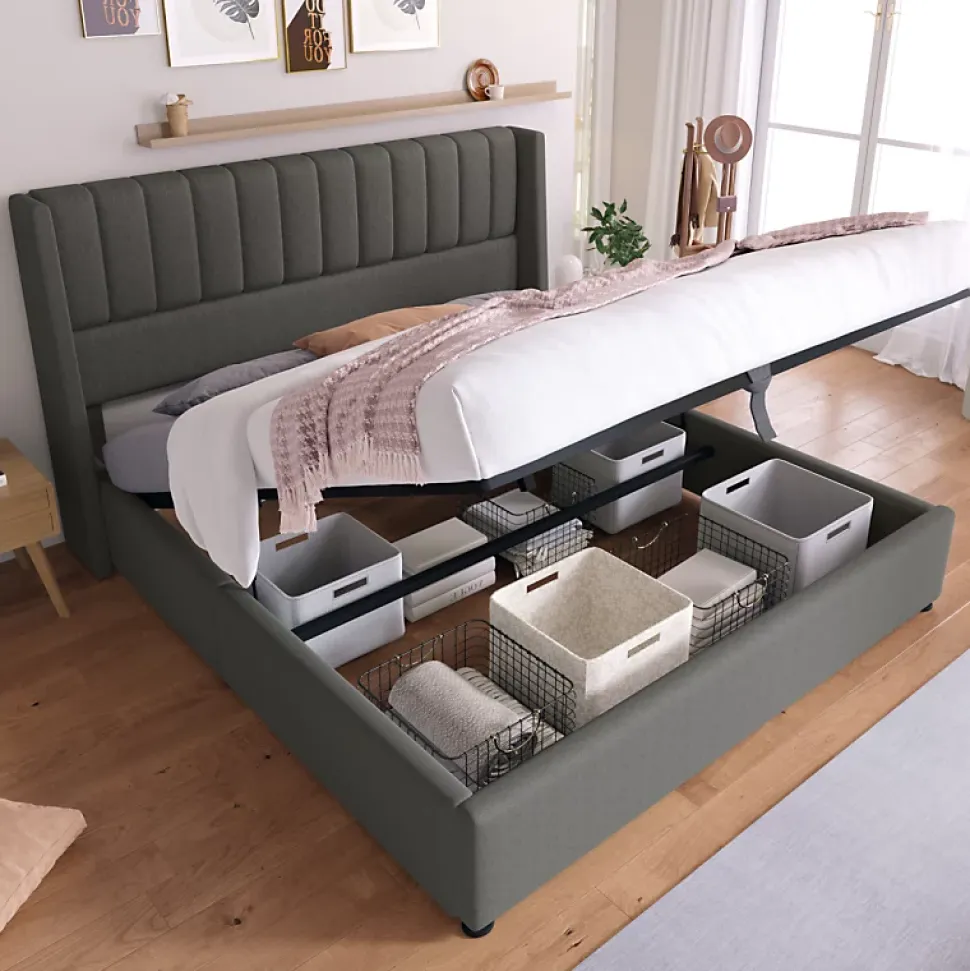 Lit coffre 180 x 200 cm - Lit Double avec Sommier à Lattes - Lin Bois Métal - Sans Matelas - Gris