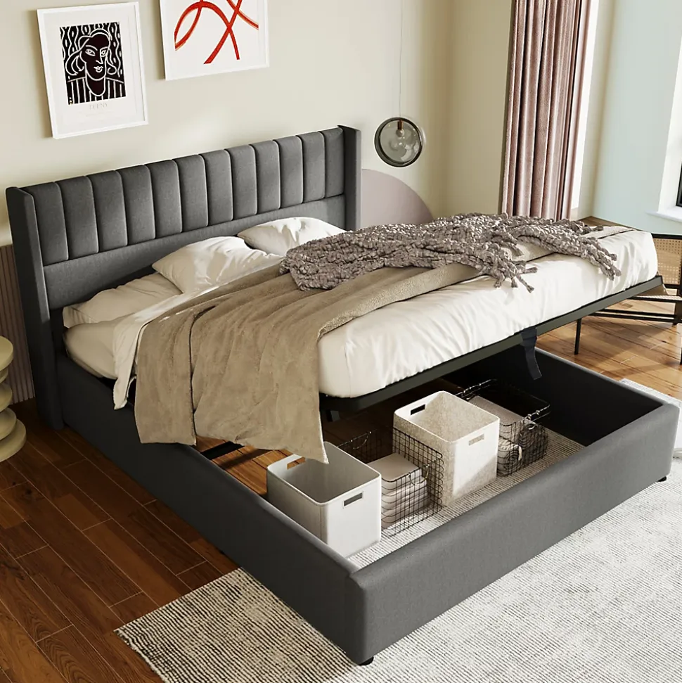 Lit coffre 180 x 200 cm - Lit Double avec Sommier à Lattes - Lin Bois Métal - Sans Matelas - Gris