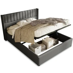 Lit coffre 180 x 200 cm - Lit Double avec Sommier à Lattes - Lin Bois Métal - Sans Matelas - Gris