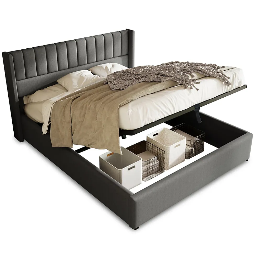 Lit coffre 180 x 200 cm - Lit Double avec Sommier à Lattes - Lin Bois Métal - Sans Matelas - Gris