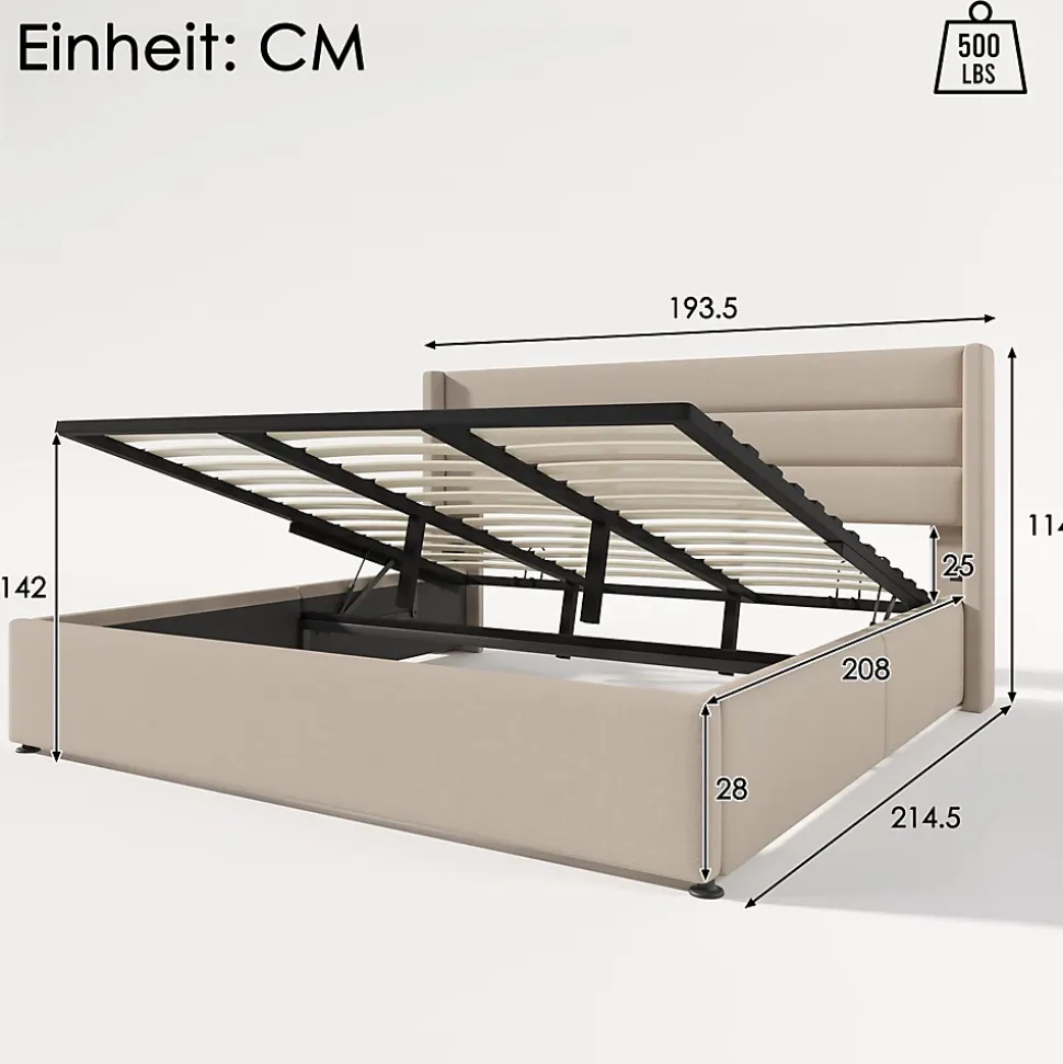 Lit Coffre 180 x 200 cm - Lit Double avec Grand Espace de Rangement - Structure en Lin et Métal - Sans Matelas - Beige