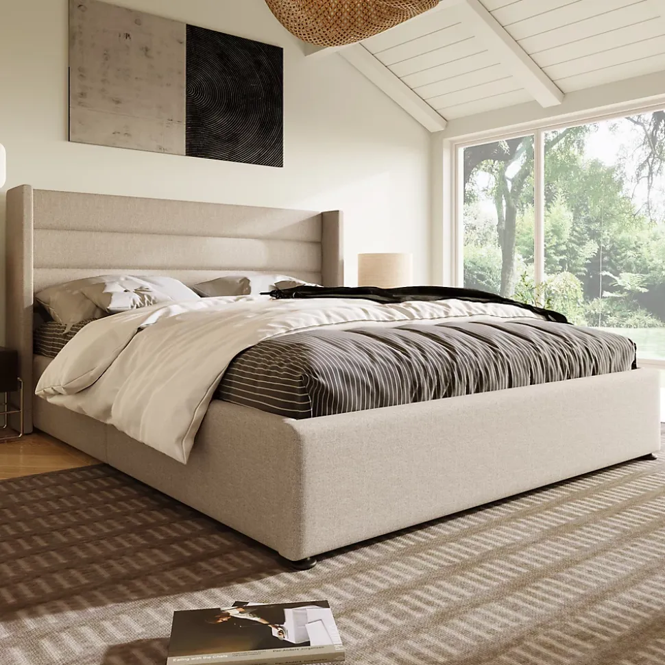 Lit Coffre 180 x 200 cm - Lit Double avec Grand Espace de Rangement - Structure en Lin et Métal - Sans Matelas - Beige