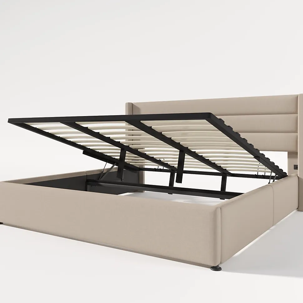 Lit Coffre 180 x 200 cm - Lit Double avec Grand Espace de Rangement - Structure en Lin et Métal - Sans Matelas - Beige