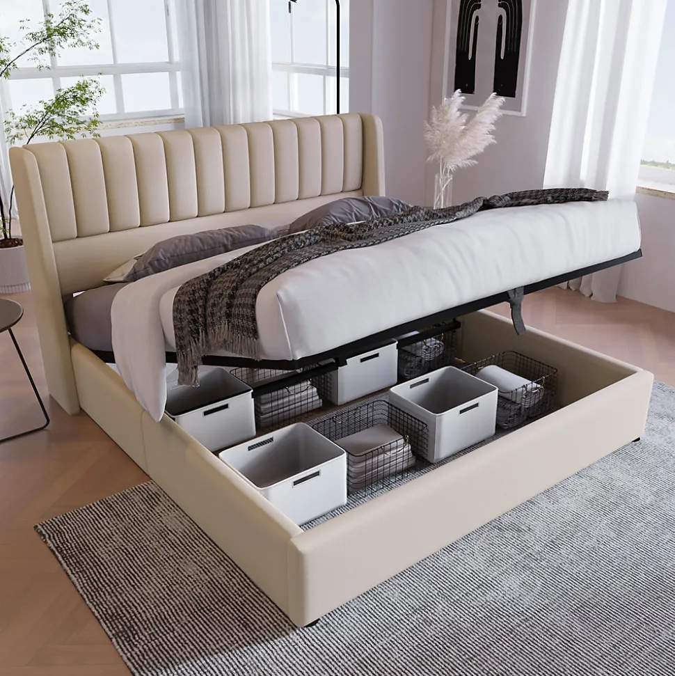 Lit coffre 180 x 200 cm - Lit Double avec Sommier à Lattes - Lin Bois Métal - Sans Matelas - Beige
