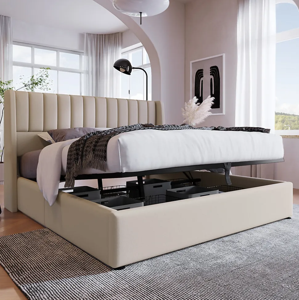 Lit coffre 180 x 200 cm - Lit Double avec Sommier à Lattes - Lin Bois Métal - Sans Matelas - Beige
